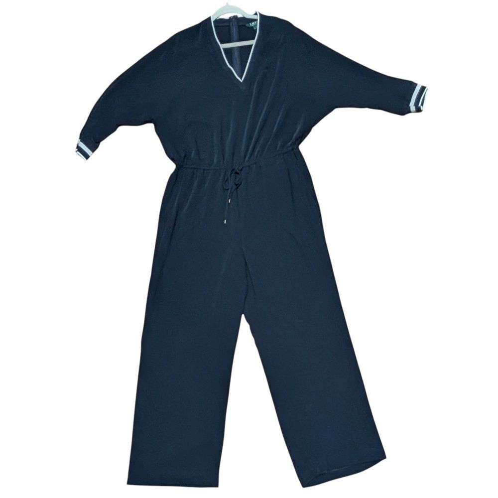 Ralph Lauren navy jumpsuit drawl string waist one piece nautical preppy size 14 - Picture 2 of 11